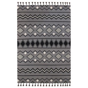 Gray White And Black Wool Geometric Flatweave Handmade Area Rug With Fringe - 1 of 4