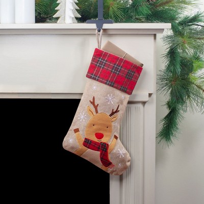19" Burlap Plaid Reindeer Christmas Stocking with Embroidery