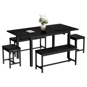 63 Inch Extendable Dining Table, Kitchen Table Set with 2 Benches and 2 Square Stools, Modern Kitchen Table for 8 Seating, Easy Assembly, Black - 1 of 4