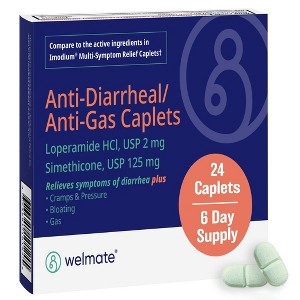 WELMATE Anti-Diarrheal & Anti-Gas - Loperamide 2mg & Simethicone 125mg, 24 Caplets (Generic Immodium Multi Symptom Relief) - 1 of 4