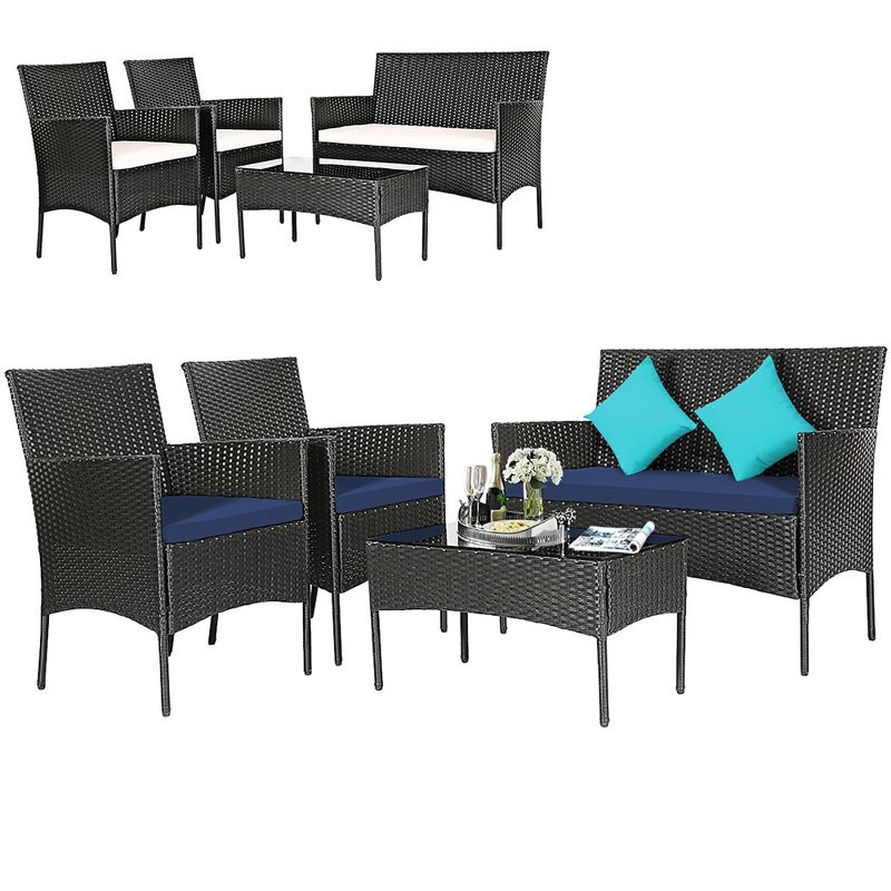 Costway 4PCS Patio Wicker Furniture Set Coffee Table Cushions w/ Cover, 2 of 9