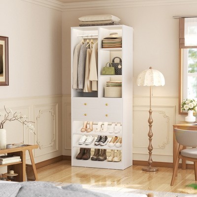 Aheaplus Closet Organizer System with Drawers and Adjustable Shelves, Freestanding Walk-in Wooden Closet