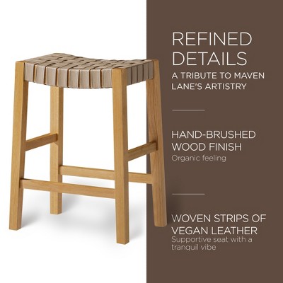 Weathered Natural Wood Backless Saddle Counter Stool with Vegan Leather Seat
