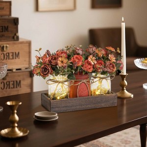 3 PCS Mason Jar Centerpiece for Table with Artificial Flowers, Coffee Table Decor with Wood Tray, Summer Decoration For Dining Room Kitchen - 1 of 4