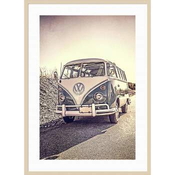 32" x 44" Surfers Vintage VW Bus by Edward M Fielding Framed Wall Art Print Light Brown - Amanti Art