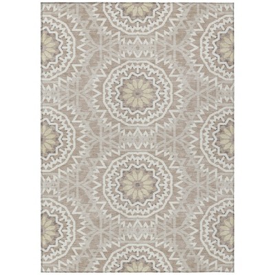 Taupe Khaki And Ivory Floral Medallion Washable Indoor Outdoor Area Rug
