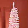7.5ft Prelit Snow Flocked Artificial Christmas Tree with Pencil Shape, Pine Realistic Branches, Warm White LED lights, Auto Open, Pink and White - 2 of 4