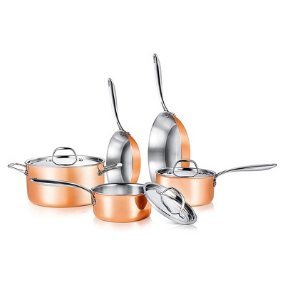 NutriChef Nonstick 8 Piece Tri Ply Copper Kitchen Cookware Pots and Pans Set with Saucepans, Fry Pans, Casserole Pot, and Stainless Steel Handles