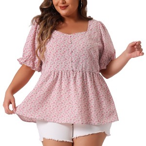 Agnes Orinda Women's Plus Size Floral Babydoll Peplum Waist Short Sleeve Blouses - 1 of 4