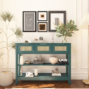 ORRD 43.3” Farmhouse Sofa Table with 3 Drawers & 2 Shelves, Entryway Console Table with Rattan Design, Adjustable Shelf & Anti-Tip Strap - 1 of 4