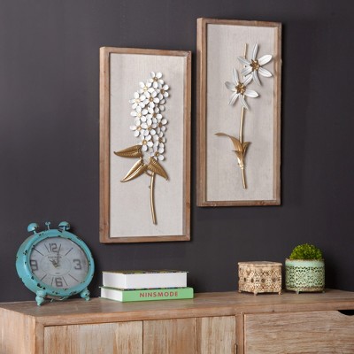 Set of 2 White and Gold Metal Flower Shadowbox with Wood Frame