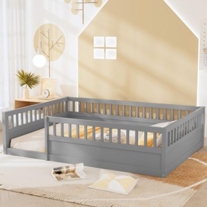 Streamdale Full Floor Bed Frame with Fence, Wood Kids Floor Beds Frame for Bedroom Playroom,Gray - 1 of 4