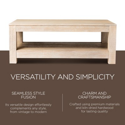 Weathered White Rectangular Wooden Coffee Table with Storage Shelf