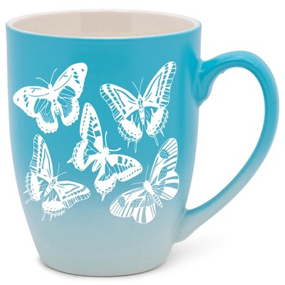 Elanze Designs Butterflies Two Toned Ombre Matte Teal and White 12 ounce Ceramic Stoneware Coffee Cup Mug