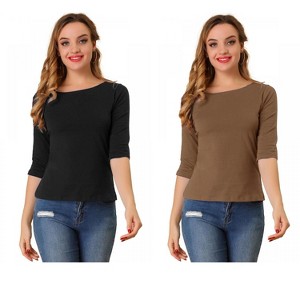Allegra K Women's Classic Solid Elbow Sleeves Round Neck Slim Fit T-Shirts 2 Packs - 1 of 4