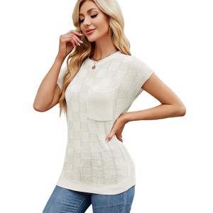 Cap Sleeve Chessboard Sweater with Crew Neck Lightweight Soft Knit Tops with Chest Pocket Summer Casual Tops for Women - 1 of 4