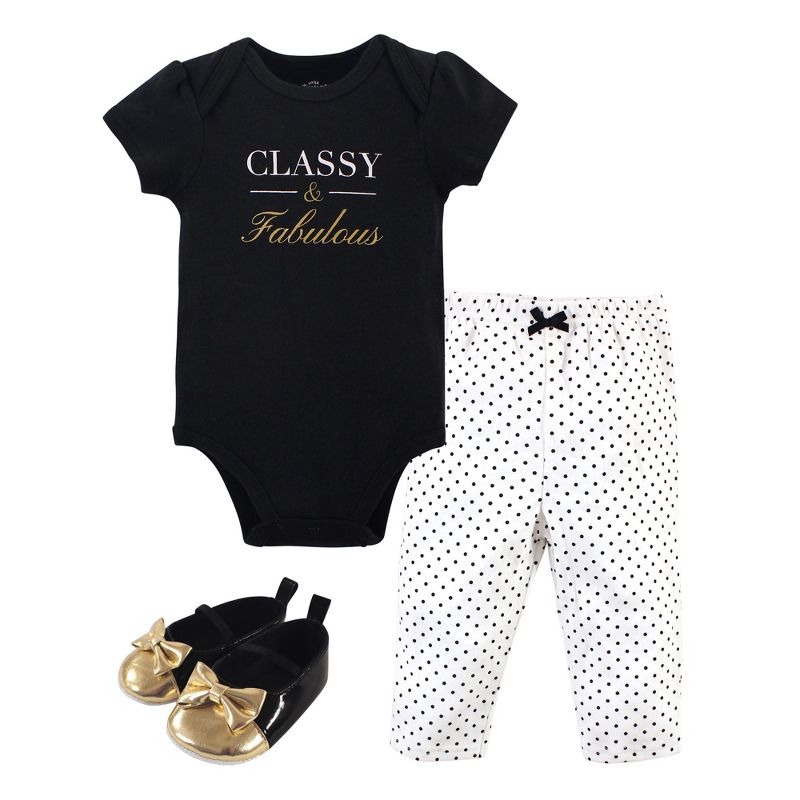 Little Treasure Baby Girl Cotton Bodysuit, Pant and Shoe 3pc Set, Classy, 1 of 2