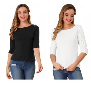 Allegra K Women's Classic Solid Elbow Sleeves Round Neck Slim Fit T-Shirts 2 Packs - 1 of 4