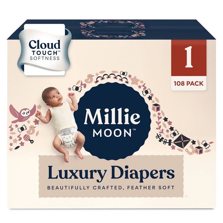 A box of Millie Moon Luxury Diapers with "Cloud Touch Softness" and "108 Pack" labels, featuring a baby wearing a diaper.
