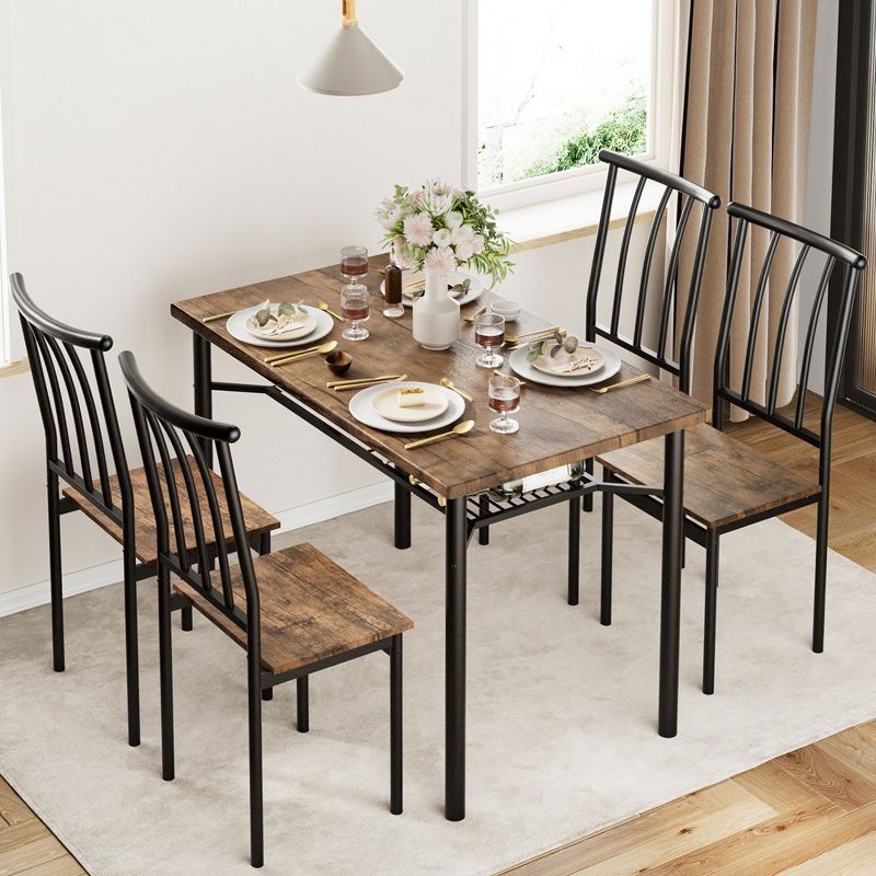 Dining Table Set for 4, Kitchen Table and 4 Chairs with Wine Rack, Rectangular Dining Room Set with 4 Chairs for Apartment, Home, Office, Rustic, 1 of 7