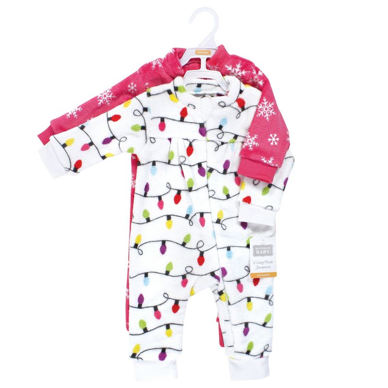 Hudson Baby Infant Girl Plush Jumpsuits, Pink Christmas Lights, 3 of 6