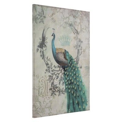 Multicolor Linen Canvas Artwork with Aqua and Teal Peacock