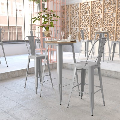 Declan Brown Poly Resin Top with Silver Steel Base Bar Table