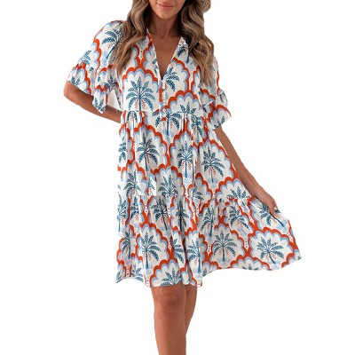 Midi Dress for Women Summer Flutter Bell Sleeves Front Button Drawstring V Neck Flowy Sundress Flounce Midi Tiered Boho Dress Babydoll Dress