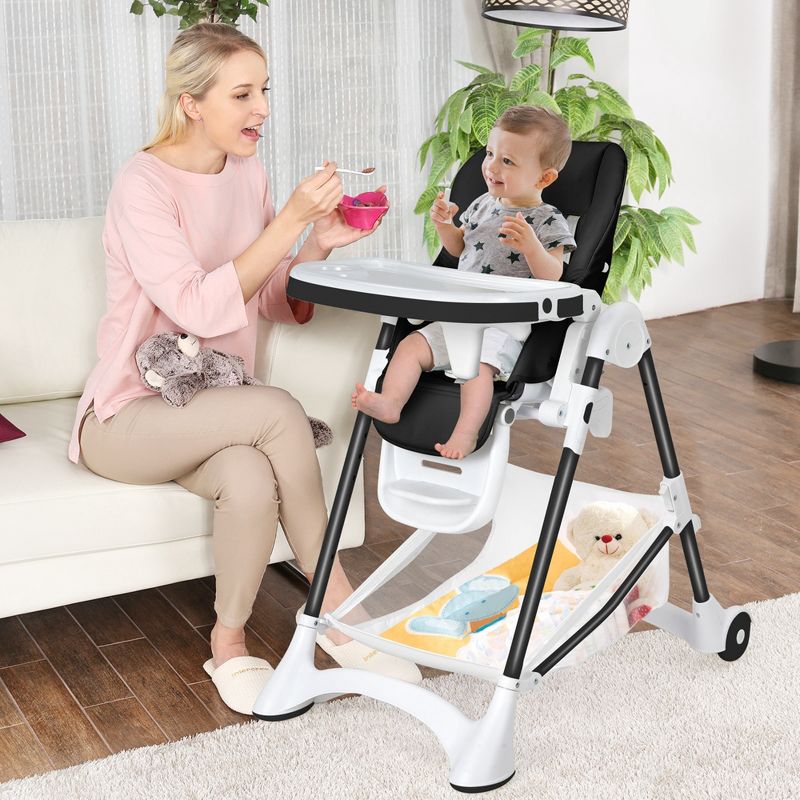 Babyjoy Convertible Folding Adjustable High Chair with Wheel Tray Storage Basket Grey/Beige/Black, 3 of 10