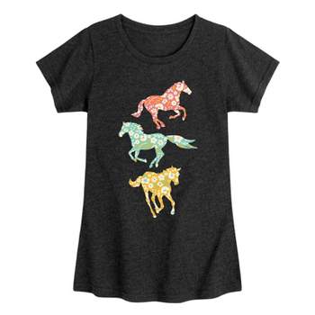 Girls' Patterned Filled Horses Short Sleeve Graphic T-Shirt - Heather Black