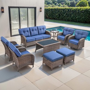Belord Brown Wicker 9 Piece Patio Furniture Set with 5" Thick Cushions, Outdoor Patio Furniture Set with Swivel Gliding Rocker Chairs and Club Chairs - 1 of 4
