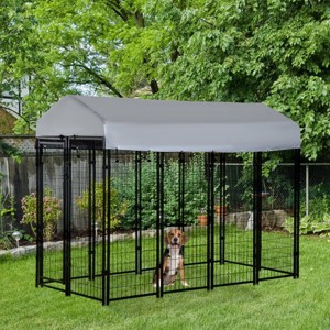 Outdoor Dog Kennel with Roof,Heavy Duty Dog Playpen with Lockable Door and Water Resistant Canopy for Medium and Large Dogs - LAOTIES - 1 of 4