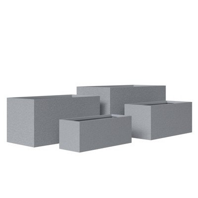 LeisureMod Flora Modern Rectangular Poly Stone Planter Set with Drainage and Protective Cover – Indoor and Outdoor Weather-Resistant Planters