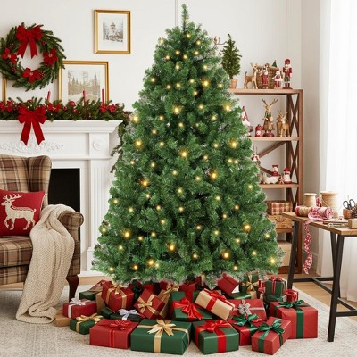 KRISRATE 6FT Pre-Lit Artificial Christmas Tree Full Tree with 1455 PVC Branch Tips, 250 Multicolored Lights/Warm White Lights,8 Light Sequences,Green