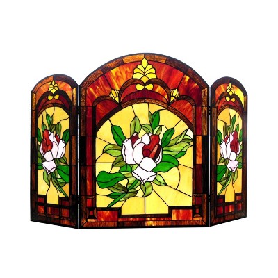 Chloe Lighting Iggy Tiffany-Glass Floral Design 3pcs Folding Fireplace Screen 42"Wide