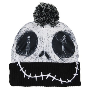 Disney Nightmare Before Christmas Beanie Jack Skellington Sublimated Face Pom Knit Beanie Hat Cap Black - 1 of 4