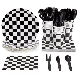 Juvale 144 Piece Disposable Dinnerware Set, Race Car Birthday Party Supplies (Serves 24)