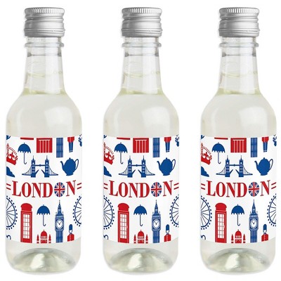 Big Dot of Happiness Cheerio, London - Mini Wine and Champagne Bottle Label Stickers - British UK Party Favor Gift for Women and Men - Set of 16