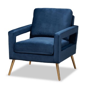 Leland Armchair Blue/Gold - Baxton Studio: Brushed Metal Legs, Modern Velvet Upholstery, Contemporary Design - 1 of 4