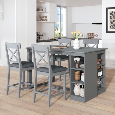 Wood Dining Table Set 5-Piece with 3-Tier Storage Shelves,4 Upholstered Dining Chairs-Maison Boucle