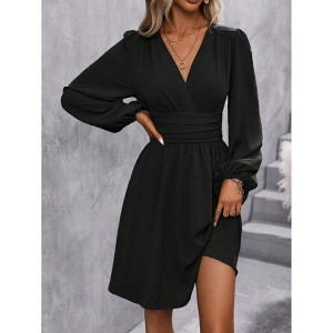 Women's Wrap V-Neck Mini Dress Bell Sleeve Ruched Waist Dress Fall Winter Party Dress Black M - 1 of 4