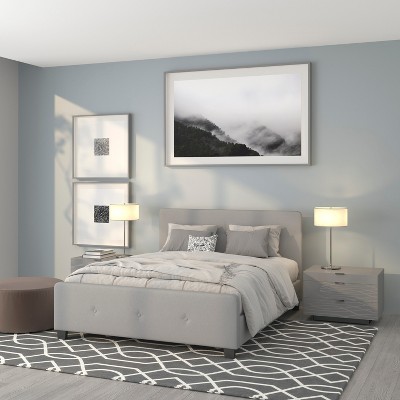 Light Gray Upholstered Queen Platform Bed with Tufted Headboard
