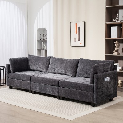 XXXL Chenille 3-Seater Deep Seat Sofa with Cloud-Soft Cushions and Side Pocket,111.4" Large Living Room Couch-Baofuwish