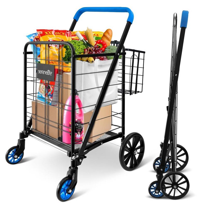 SereneLife Shopping Supermarket Cart with 360 Rolling Swivel Wheels, Blue, 1 of 2