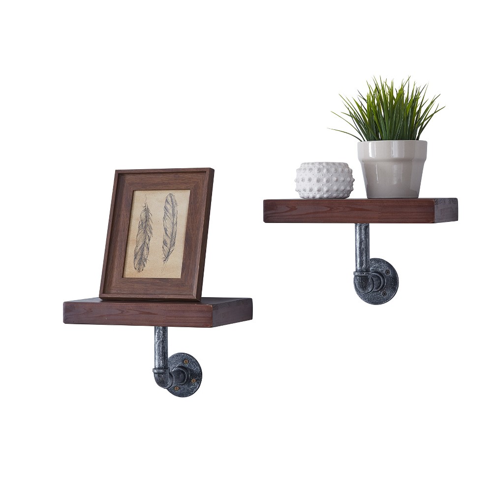 Photos - Kids Furniture 11.7" x 7.6" 2pc Industrial Pipe Wall Shelf Set Brown/Silver - Danya B.