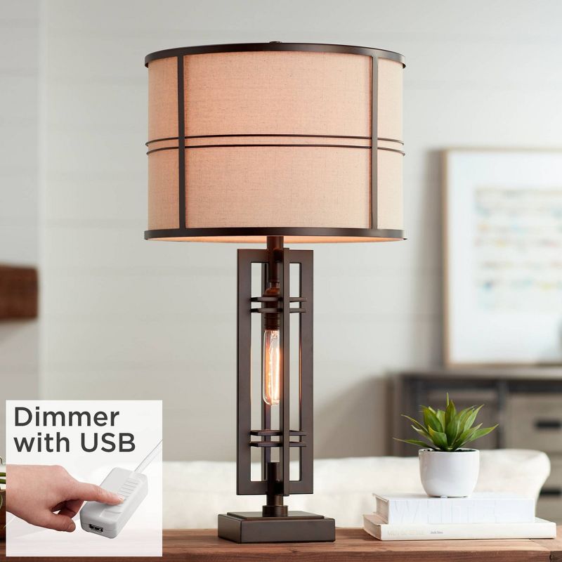 Franklin Iron Works Industrial Table Lamp with USB Charging Port Nightlight 28" Tall Oil-Rubbed Bronze Drum Shade for Living Room Bedroom, 2 of 10