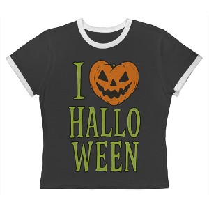 Rerun Island Women I Love Halloween Smiling Pumpkin Short Sleeve Graphic Cotton Retro Vintage Ranger Baby Tee - 1 of 4