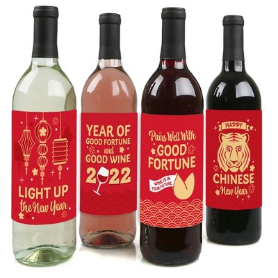 Big Dot of Happiness Chinese Lanterns - 2022 Lunar New Year Decorations for Women and Men - Wine Bottle Label Stickers - Set of 4