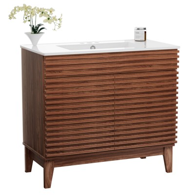 ROOMTEC 24 in. Bathroom Vanity with Ceramic Sink, Mid-Century Cabinet with 2 Soft-Close Doors, Freestanding, Wood Grain Laminate, Walnut