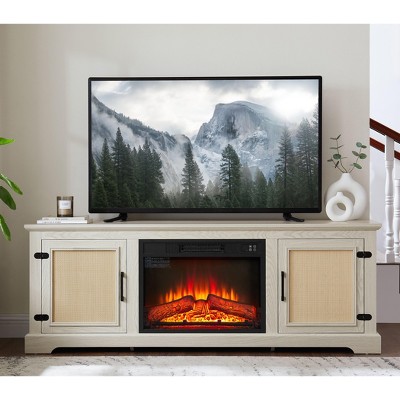 VYNXARIA White Farmhouse Rattan TV Stand Console Table with Adjustable Shelf and Fireplace Insert for TVs up to 70 Inches